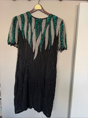 Elegant Black Midi Dress with Green Sequin & Silver Accents
